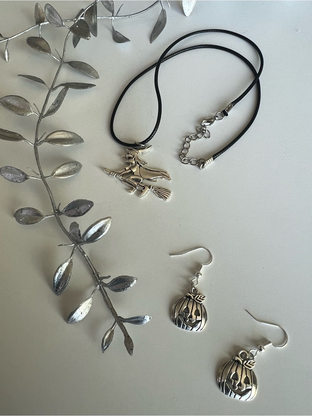 Silver Witch on Broom Necklace with Pumpkin Earrings - Set of 2 Halloween